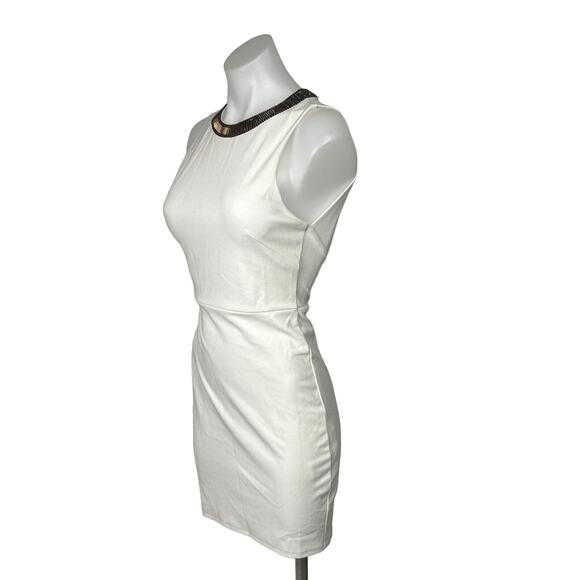 H&M White Gold Beaded Neck Formal Cocktail Bodycon Sheath Mini Dress Size S - Picture 3 of 8